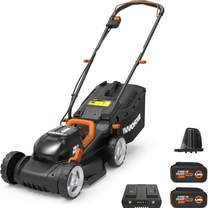 Worx 40V 14" Cordless Lawn Mower for Small Yards, 2-in-1 Battery Lawn Mower Cuts Quietly, Compact & Lightweight Lawn Mower with 6-Position Height Adjustment WG779 – 2 Batteries & Charger Included